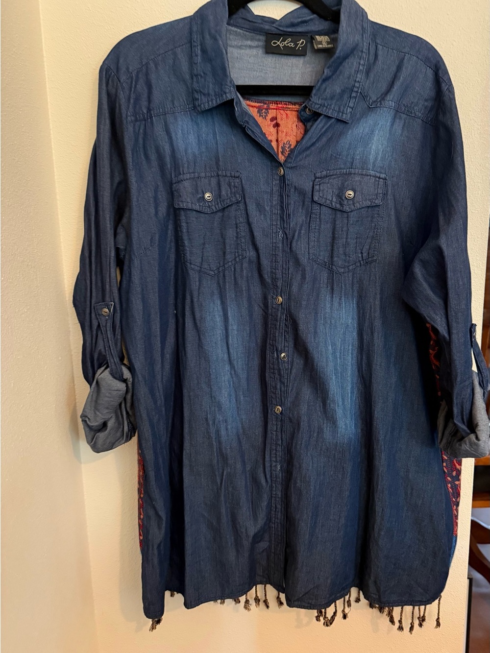 lola Indigo Denim Button-Front Tunic with Fringe
